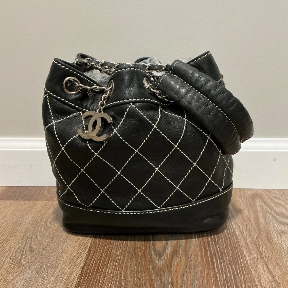 CHANEL Black  Quilted Leather Wild Stitch Bucket  Bag with Silver hardware